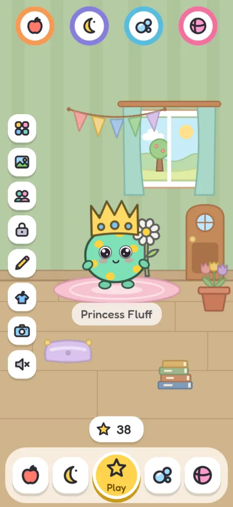 A Mibuu wearing a paper crown and holding a flower in a meadow Room